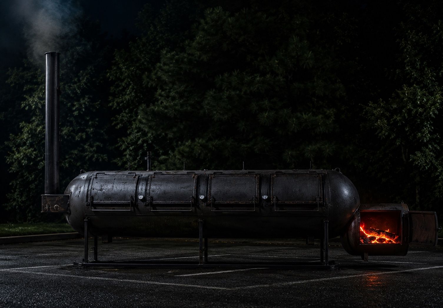 A large offset smoker at night in an empty lot, its firebox open and glowing with coals, smoke rising from the stack