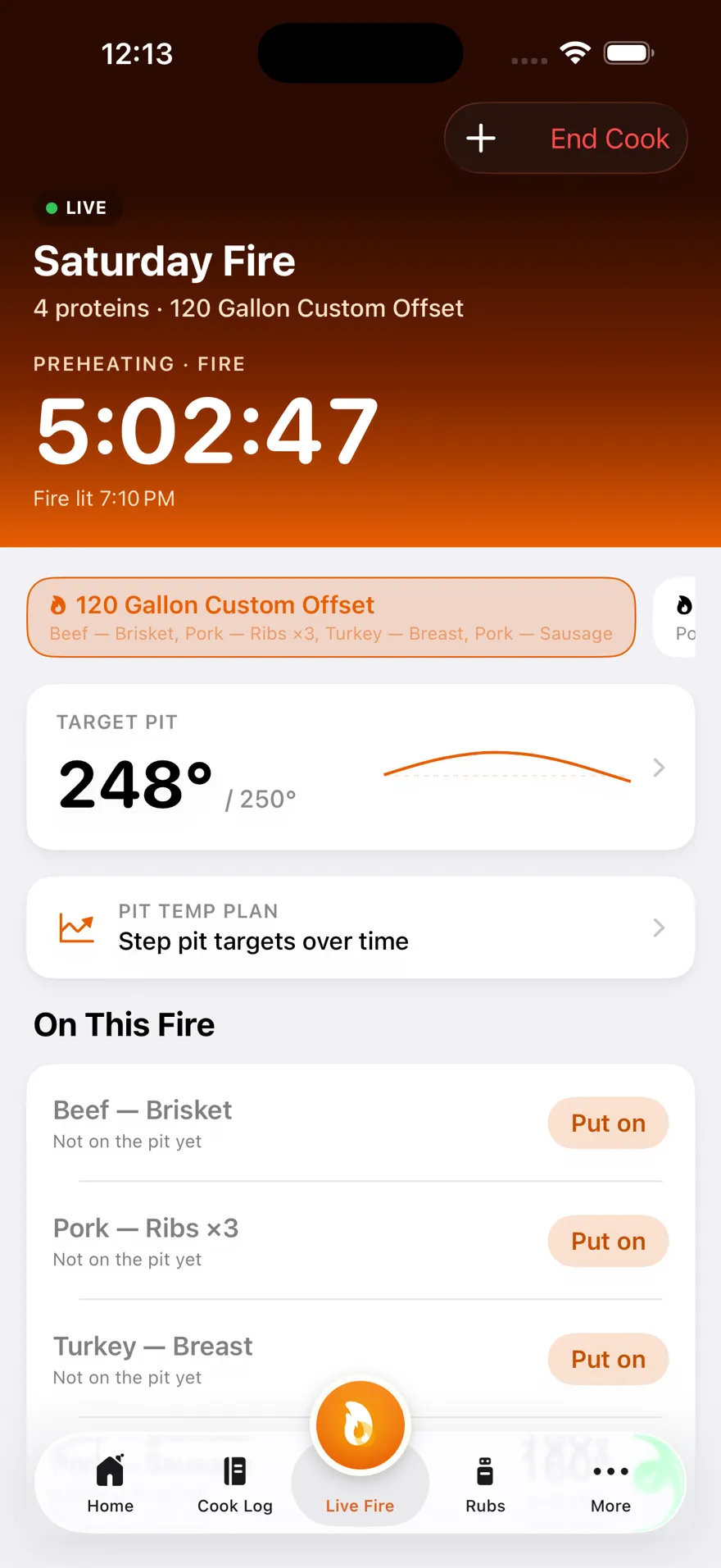 Stoke BBQ Live Fire screen tracking four proteins on one pit with target pit temperature and a per-protein timeline