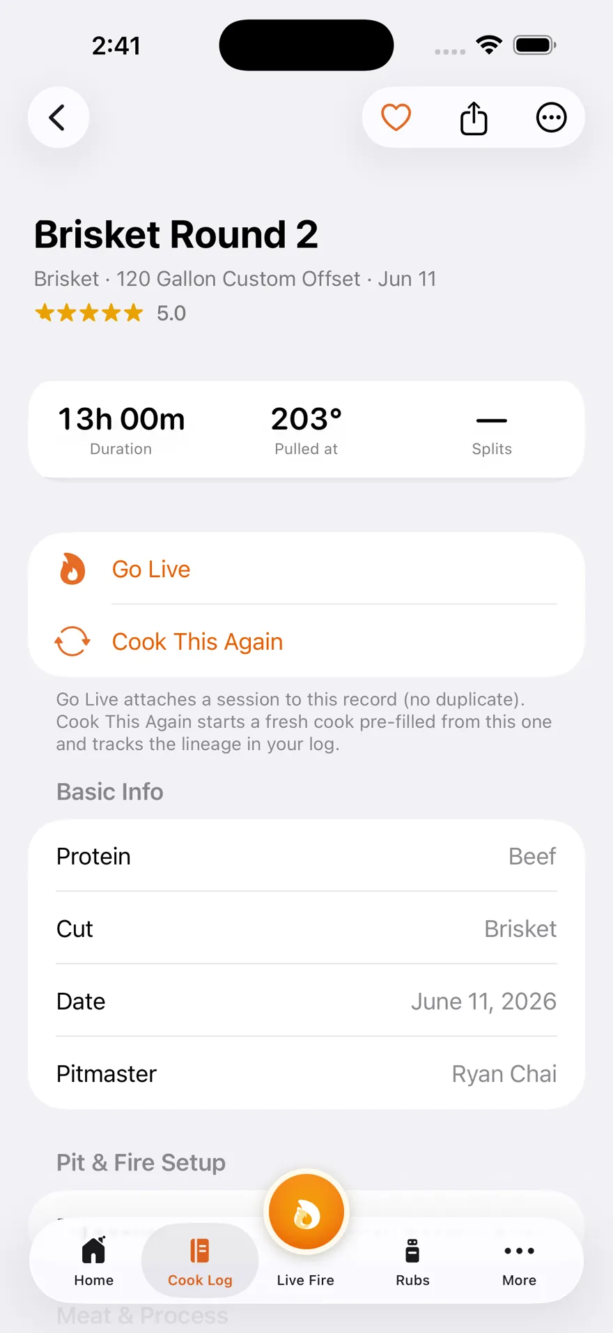 Stoke BBQ cook report card for Brisket Round 2 — a five-star grade, duration and pull-temp stats, and a Cook This Again action that tracks the lineage