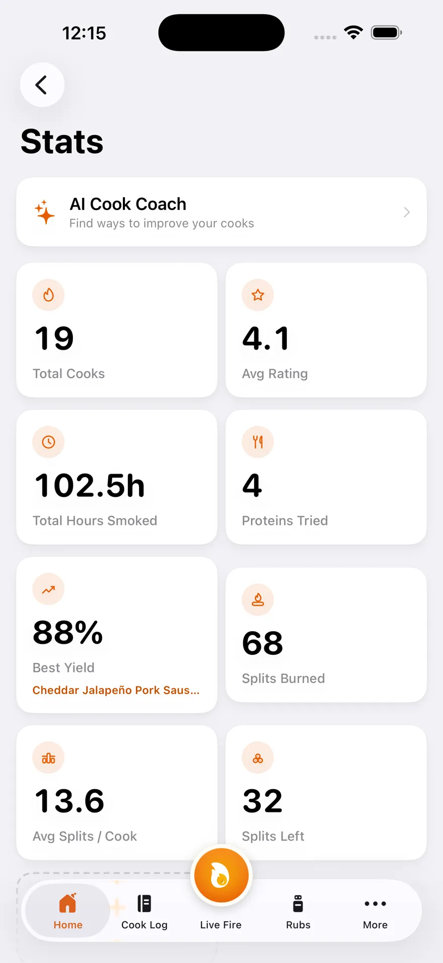 Stoke BBQ Stats screen showing the on-device AI Cook Coach, splits burned, splits left, and cook history